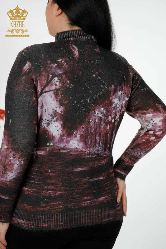 Wholesale Women's Sweater Angora Digital Print Brown - 16009 | KAZEE