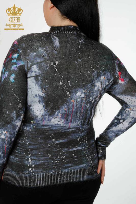 Wholesale Women's Sweater Angora Digital Print Navy - 16009 | KAZEE
