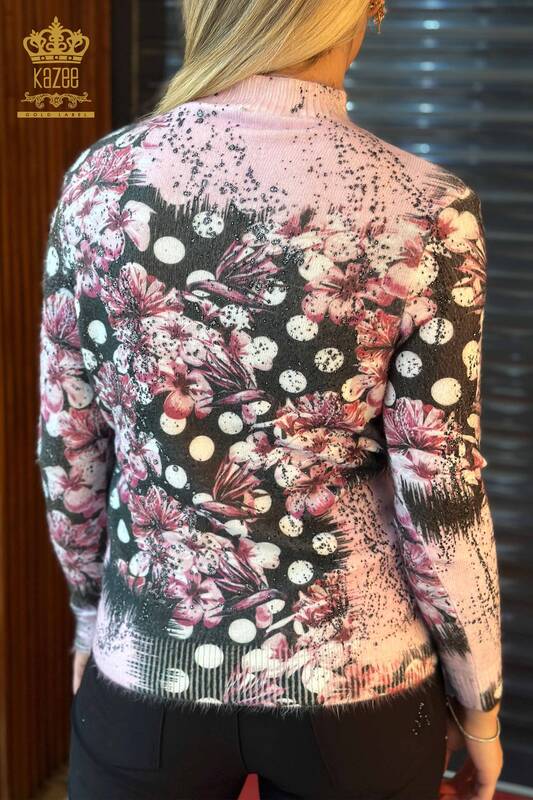 Wholesale Women's Sweater Angora Digital Print Pink - 16003 | KAZEE