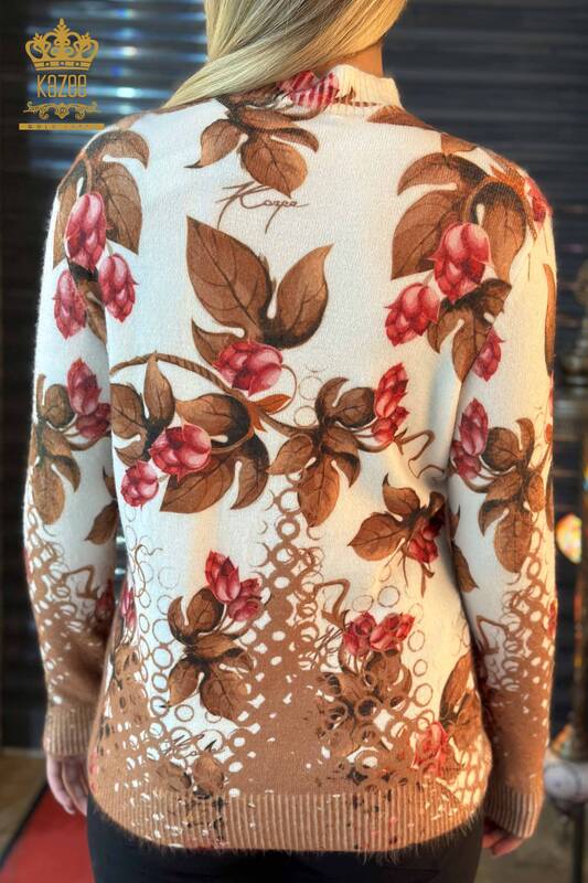 Wholesale Women's Sweater Angora Leaf Patterned Brown - 18998 | KAZEE