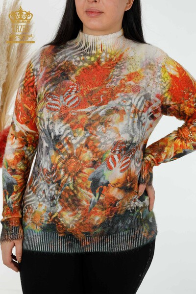Wholesale Women's Sweater Angora Patterned Stone Embroidered Orange - 16002 | KAZEE - Thumbnail
