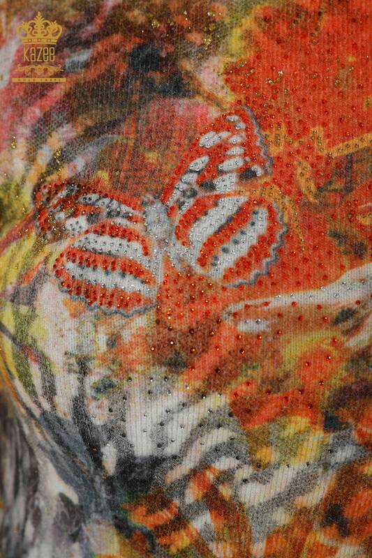 Wholesale Women's Sweater Angora Patterned Stone Embroidered Orange - 16002 | KAZEE