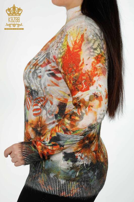 Wholesale Women's Sweater Angora Patterned Stone Embroidered Orange - 16002 | KAZEE