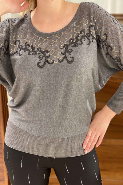 Wholesale Women's Sweater Crew Neck Colored Stone Embroidered - 16461 | KAZEE - Thumbnail