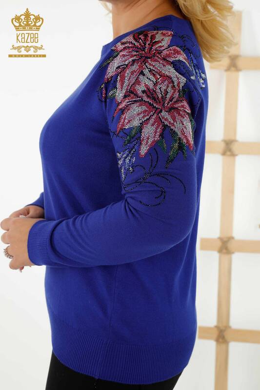 Wholesale Women's Sweater Crystal Stone Embroidered - Dark Blue - 30230 | KAZEE