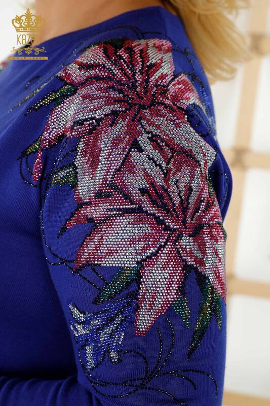 Wholesale Women's Sweater Crystal Stone Embroidered - Dark Blue - 30230 | KAZEE