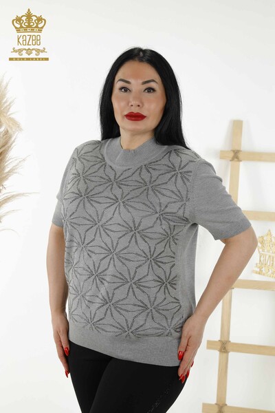 Wholesale Women's Knitwear Sweater - Crystal Stone Embroidered - Gray - 30305 | KAZEE - Thumbnail