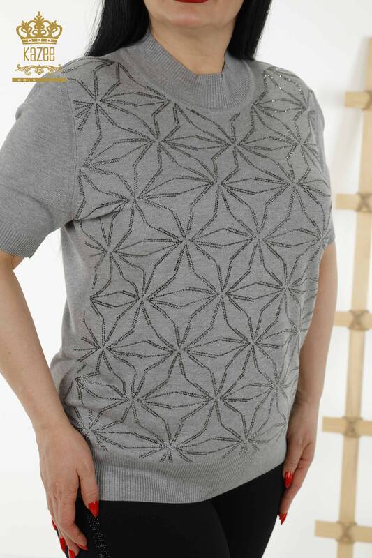 Wholesale Women's Knitwear Sweater - Crystal Stone Embroidered - Gray - 30305 | KAZEE
