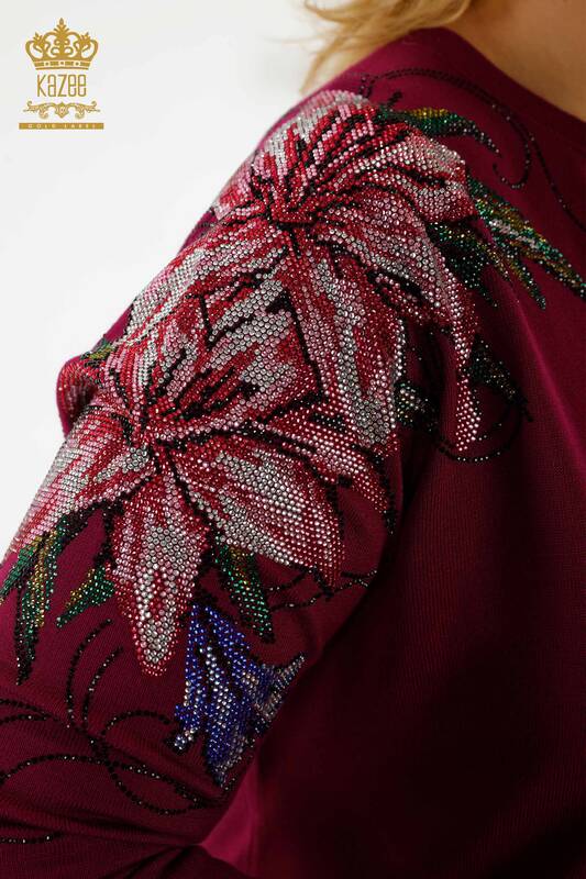 Wholesale Women's Knitwear Sweater Crystal Stone Embroidered - Purple - 30230 | KAZEE