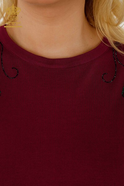Wholesale Women's Knitwear Sweater Crystal Stone Embroidered - Purple - 30230 | KAZEE - Thumbnail