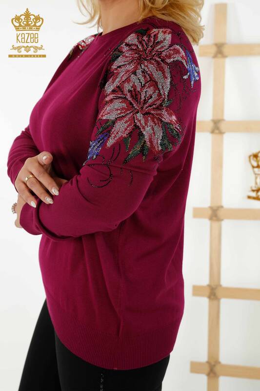 Wholesale Women's Knitwear Sweater Crystal Stone Embroidered - Purple - 30230 | KAZEE