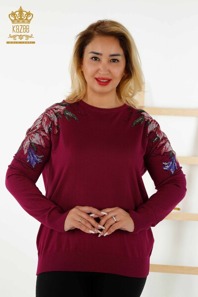 Wholesale Women's Knitwear Sweater Crystal Stone Embroidered - Purple - 30230 | KAZEE - Kazee