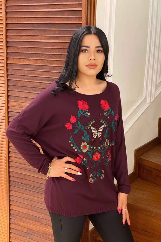 Wholesale Women's Sweater Floral Patterned Stone Embroidery - 16134 | KAZEE