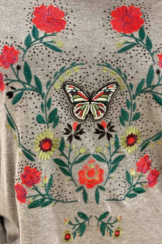 Wholesale Women's Sweater Floral Patterned Stone Embroidery - 16134 | KAZEE