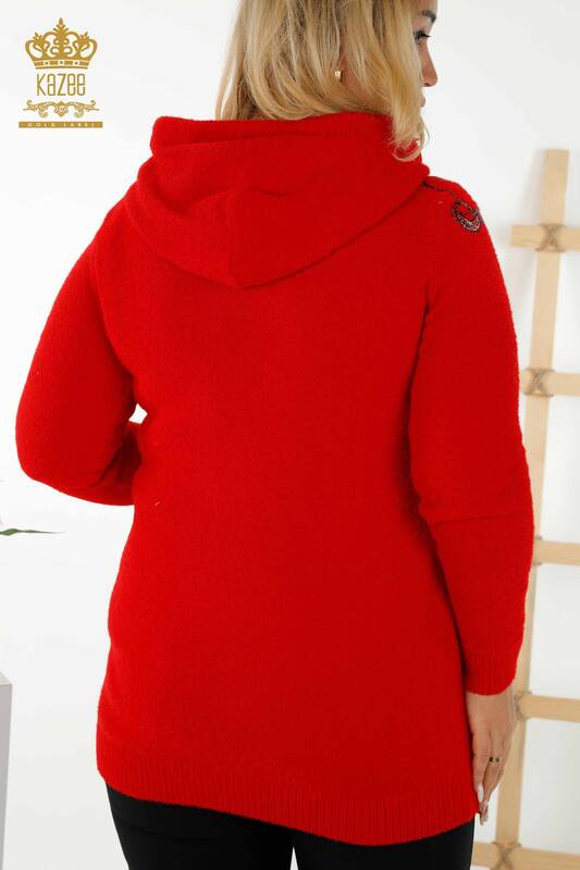 Wholesale Women's Sweater Hoodie Patterned Red - 40005 | KAZEE