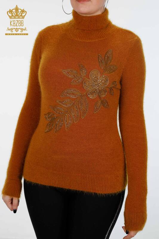 Wholesale Women's Sweater Leaf Flower Patterned Stone Angora - 18873 | KAZEE