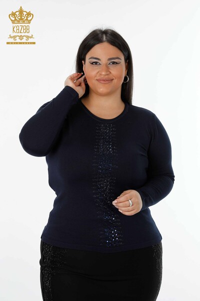 Wholesale Women's Sweater Stripe Stone Embroidered Navy - 14788 | KAZEE - Thumbnail