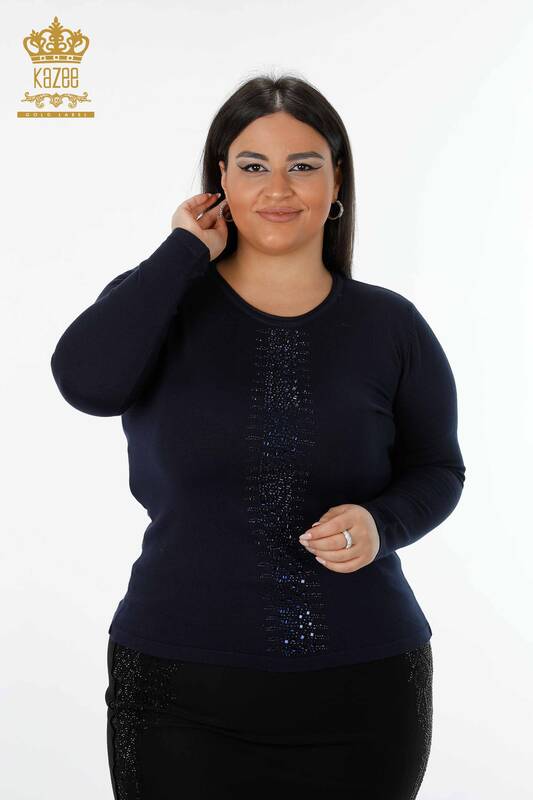 Wholesale Women's Sweater Stripe Stone Embroidered Navy - 14788 | KAZEE