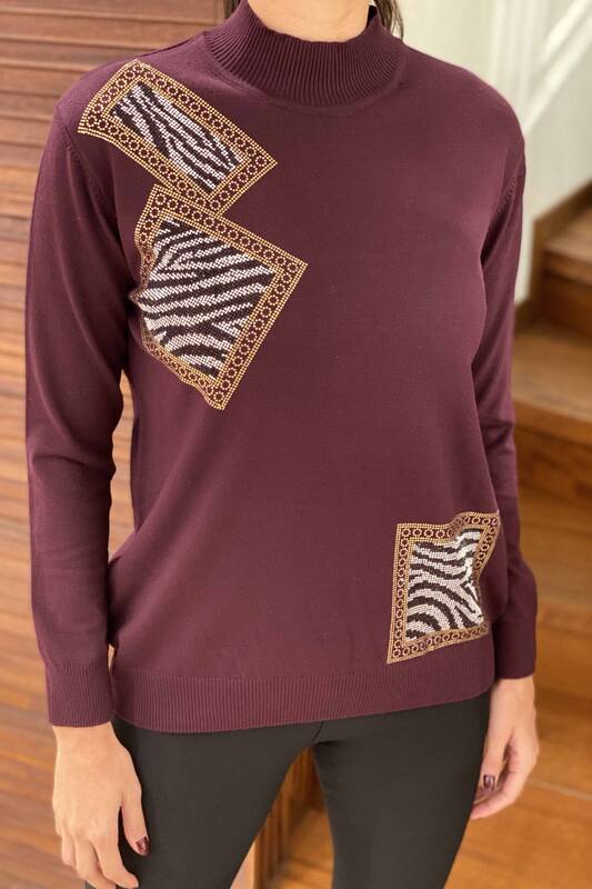Wholesale Women's Sweater Zebra Patterned Stone Embroidered Stand Up Collar - 16444 | KAZEE