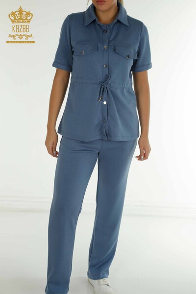 Wholesale Women's Triple Tracksuit Set Button Detailed Indigo - 17633 | KAZEE - 4