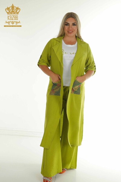 Wholesale Women's Three-piece Suit with Pocket Detail, Pistachio Green - 2407-4551 | A - Thumbnail