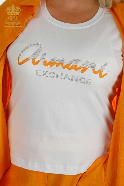 Wholesale Women's Three Piece Suit Stone Embroidered Orange - 2407-4560 | A - Thumbnail