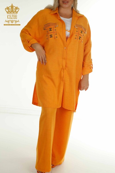 Wholesale Women's Three Piece Suit Stone Embroidered Orange - 2407-4560 | A - Thumbnail