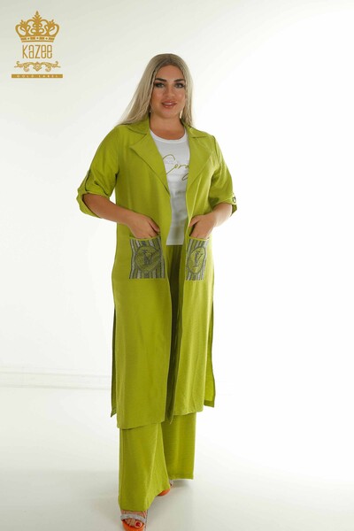 Wholesale Women's Three Piece Suit Stone Embroidered Pistachio Green - 2407-4550 | A - Thumbnail