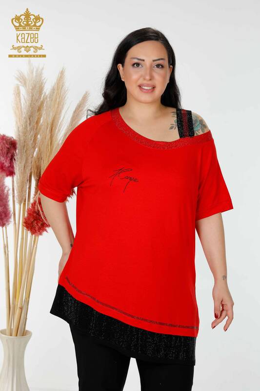 Wholesale Women's Tunic Shoulder Detailed Stone Embroidered Red - 77721 | KAZEE