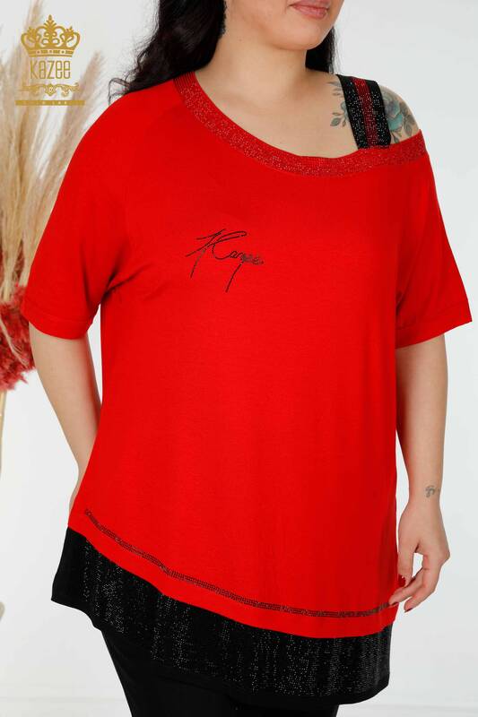 Wholesale Women's Tunic Shoulder Detailed Stone Embroidered Red - 77721 | KAZEE