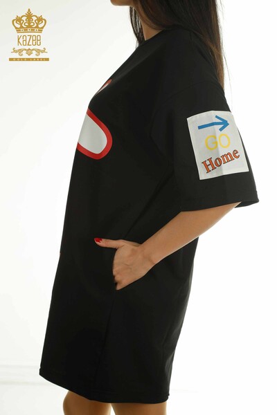 Wholesale Women's Tunic with Text Detail, Black - 2402-231026 | S&M - Thumbnail