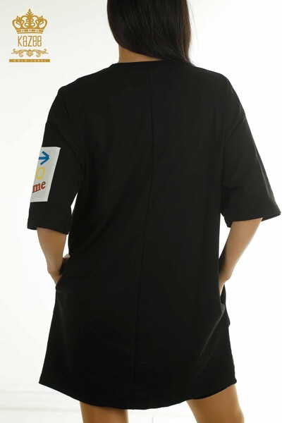Wholesale Women's Tunic with Text Detail, Black - 2402-231026 | S&M - Thumbnail
