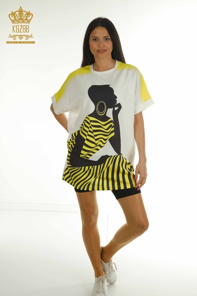 Wholesale Women's Tunic Yellow with Female Figure - 2402-231022 | S&M - Thumbnail