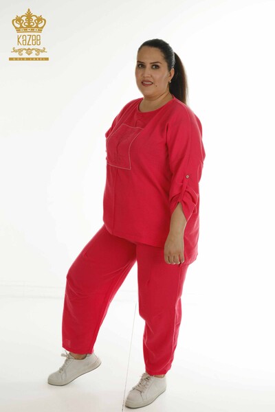 Wholesale Women's Two-piece Suit with Sleeve Detail Fuchsia - 2402-211030 | S&M - Thumbnail