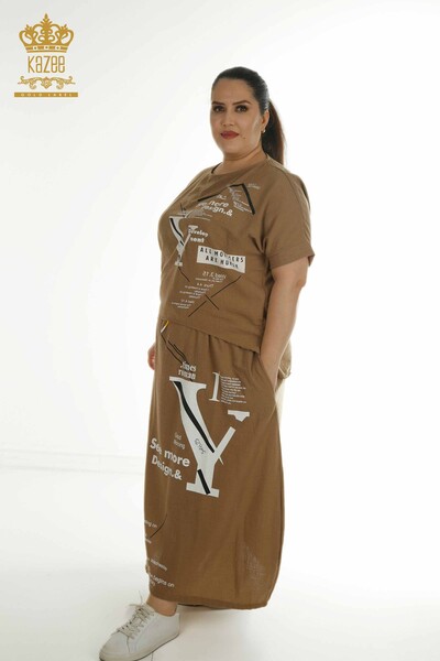 Wholesale Women's Two Piece Set Brown with Text Detail - 2402-231038 | S&M - Thumbnail