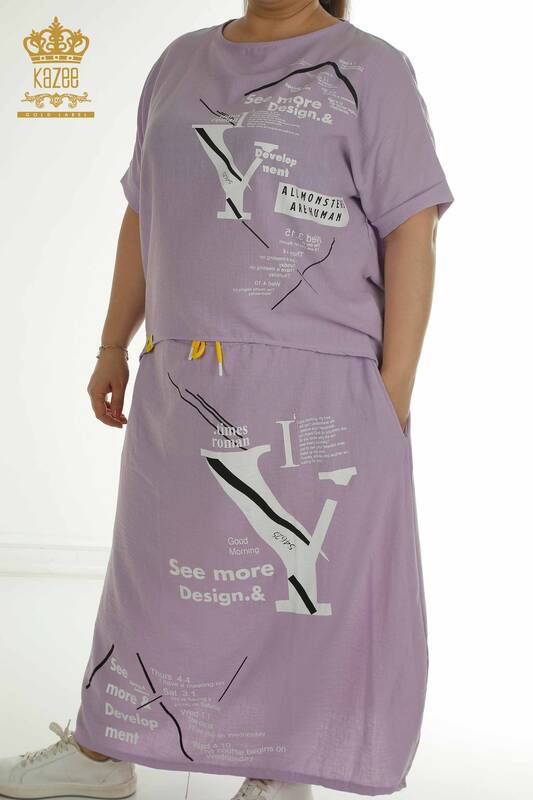 Wholesale Women's Two-piece Suit with Text Detail Lilac - 2402-231038 | S&M