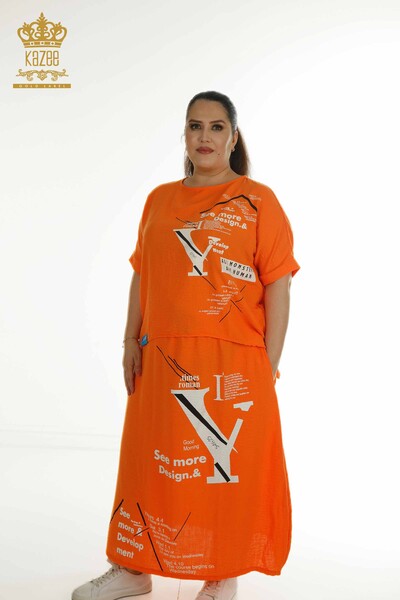 Wholesale Women's Two-piece Suit Orange with Text Detail - 2402-231038 | S&M - Thumbnail