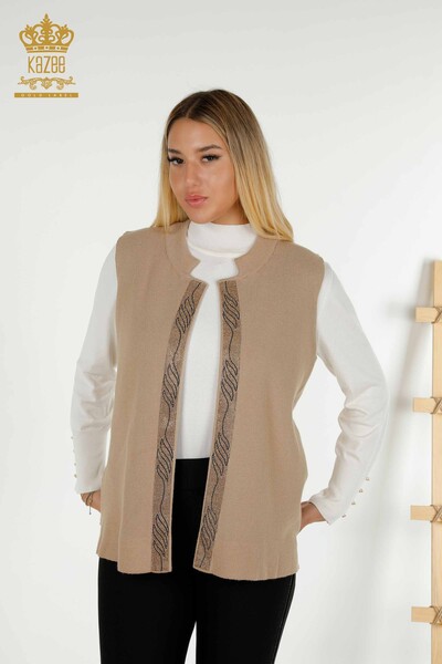 Wholesale Women's Vest Colored Stone Embroidered Beige - 30617 | KAZEE - Thumbnail