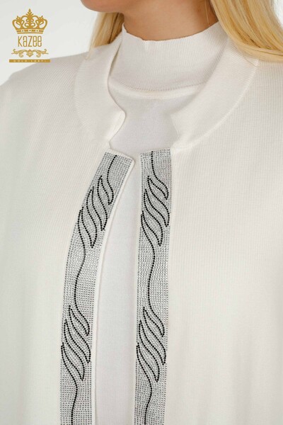 Wholesale Women's Vest Colored Stone Embroidered Ecru - 30617 | KAZEE - Thumbnail