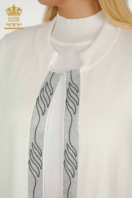 Wholesale Women's Vest Colored Stone Embroidered Ecru - 30617 | KAZEE