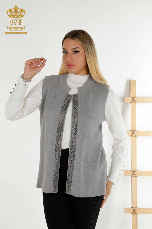 Wholesale Women's Vest Colored Stone Embroidered Gray - 30617 | KAZEE