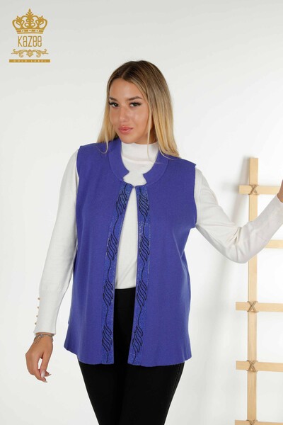 Wholesale Women's Vest Colored Stone Embroidered Indigo - 30617 | KAZEE - Thumbnail