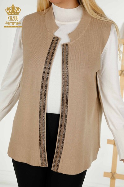 Wholesale Women's Vest Crystal Stone Embroidered Beige - 30606 | KAZEE - Thumbnail