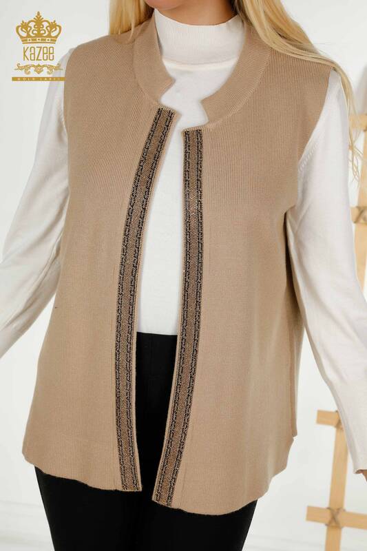Wholesale Women's Vest Crystal Stone Embroidered Beige - 30606 | KAZEE