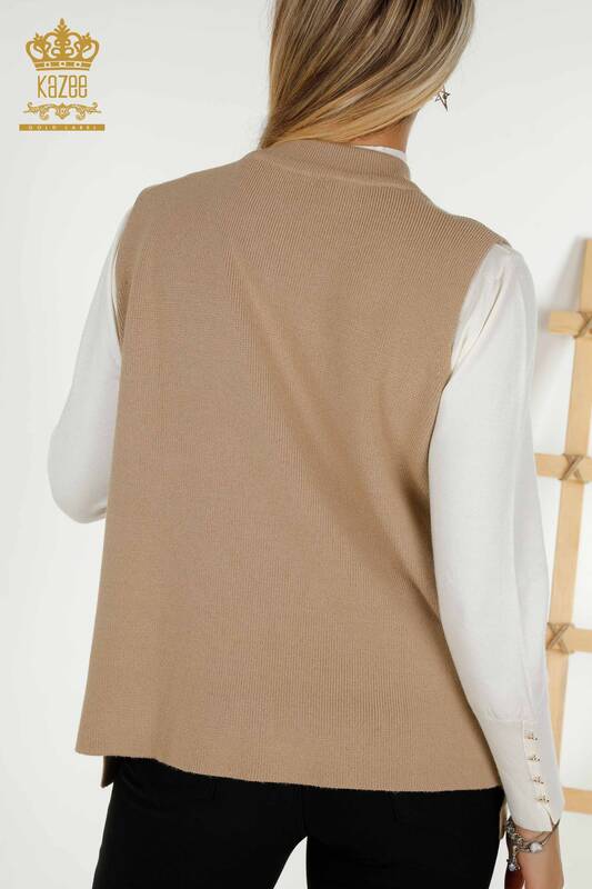Wholesale Women's Vest Crystal Stone Embroidered Beige - 30606 | KAZEE