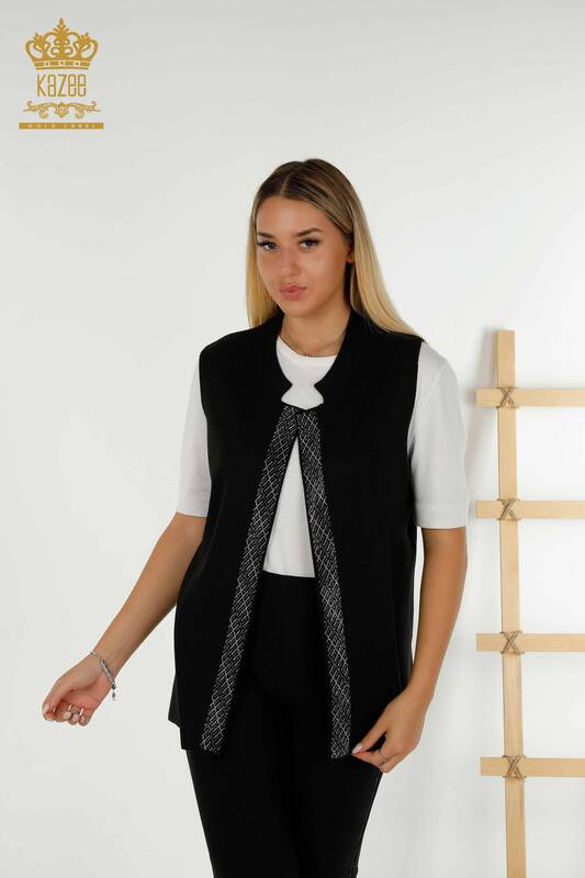 Wholesale Women's Vest Crystal Stone Embroidered Black - 30609 | KAZEE