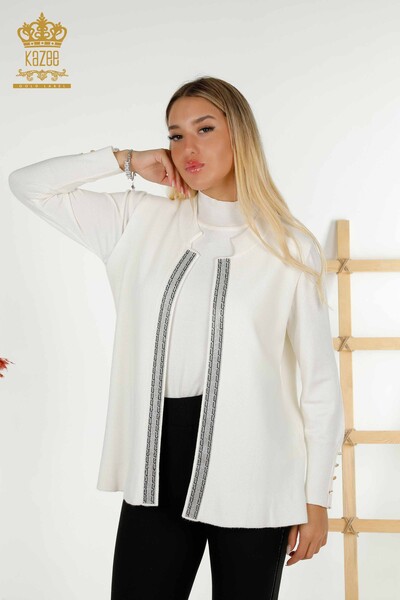 Wholesale Women's Vest Crystal Stone Embroidered Ecru - 30606 | KAZEE 