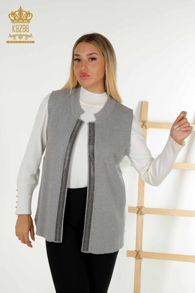 Wholesale Women's Vest Crystal Stone Embroidered Gray - 30606 | KAZEE 