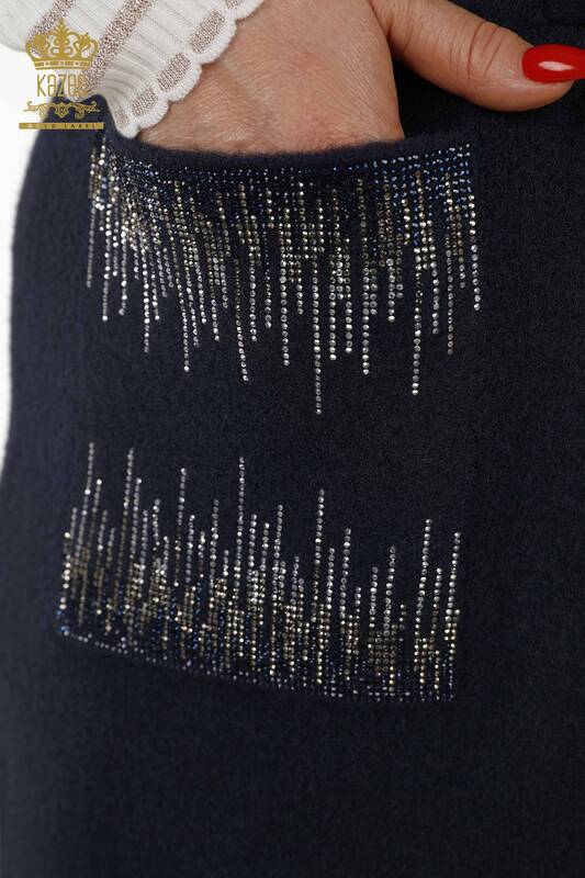 Wholesale Women's Vest Crystal Stone Embroidered Navy Blue - 30247 | KAZEE