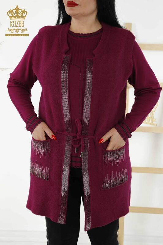 Wholesale Women's Vest Crystal Embroidered Purple - 30247 | KAZEE